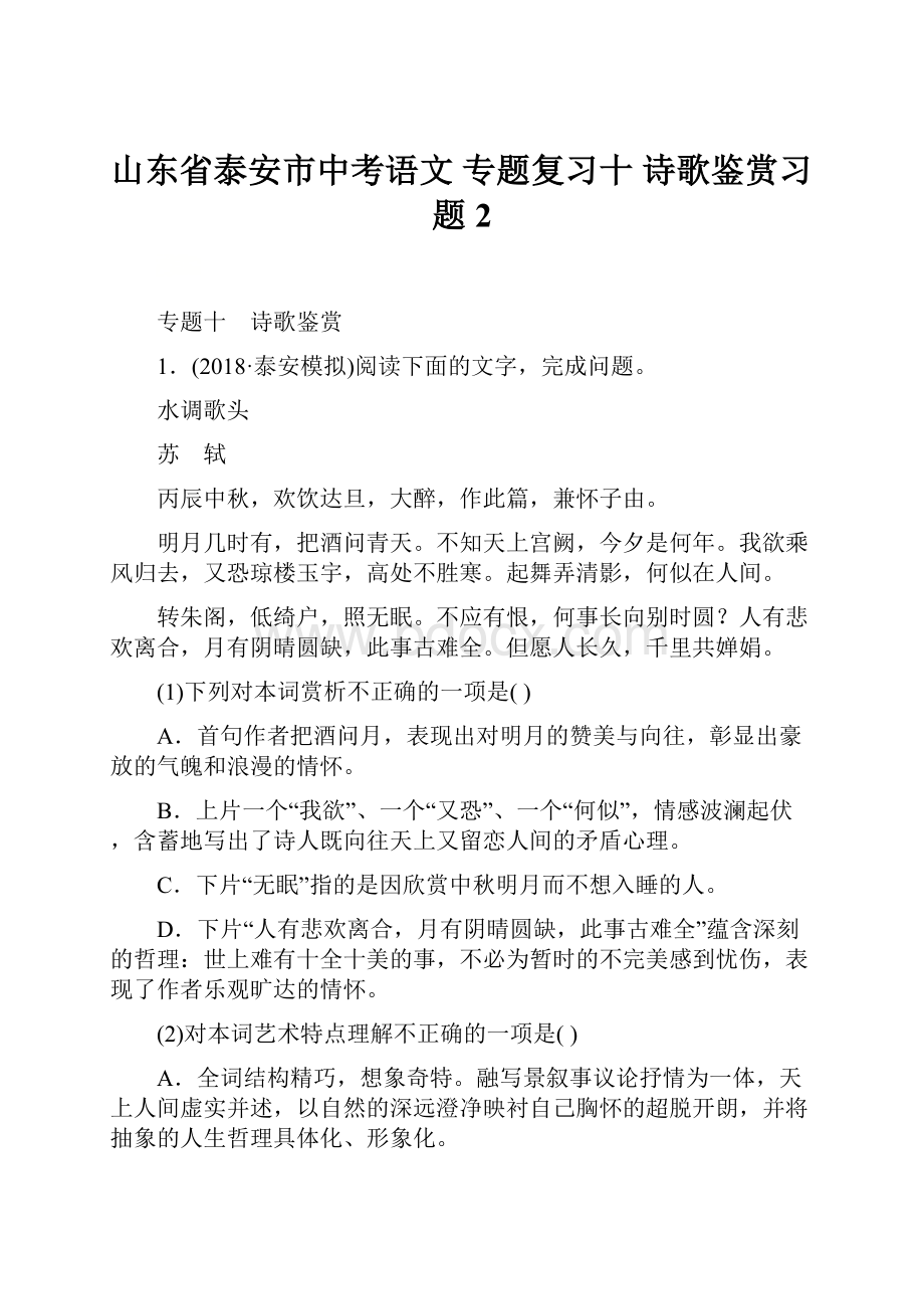 山东省泰安市中考语文 专题复习十 诗歌鉴赏习题2.docx_第1页