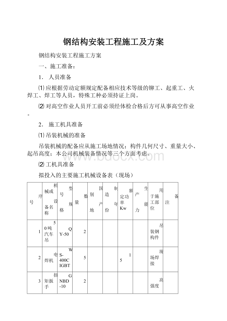 钢结构安装工程施工及方案.docx_第1页