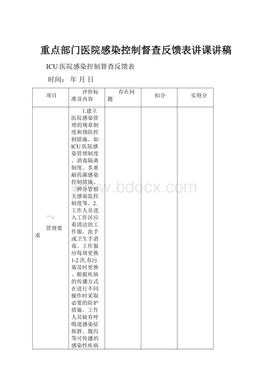 重点部门医院感染控制督查反馈表讲课讲稿.docx