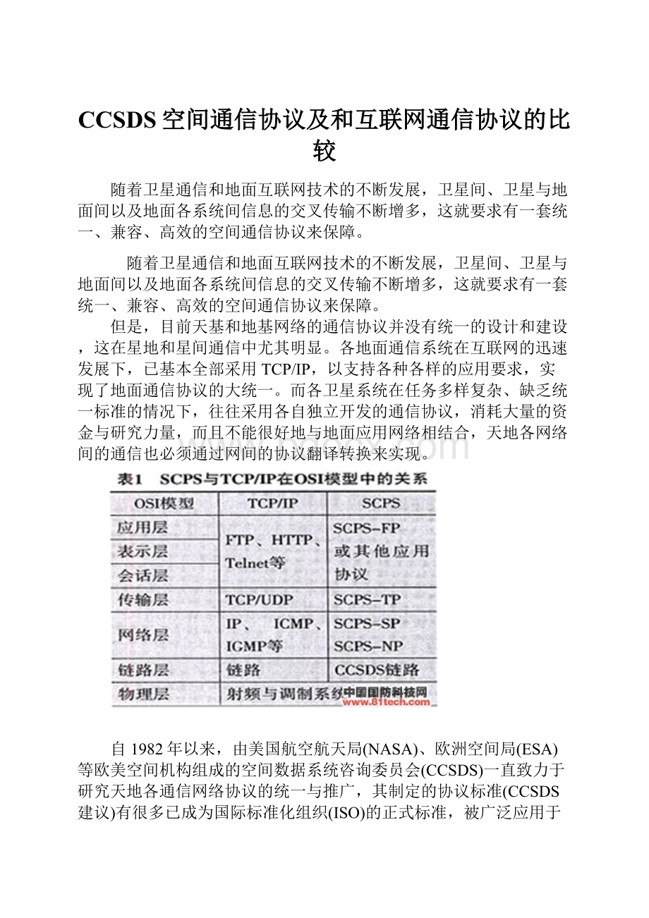 CCSDS空间通信协议及和互联网通信协议的比较.docx