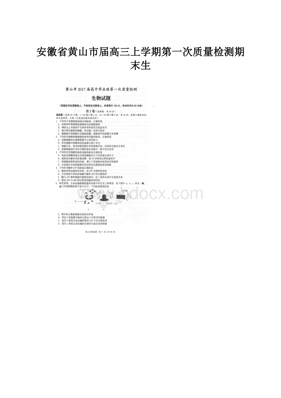 安徽省黄山市届高三上学期第一次质量检测期末生.docx