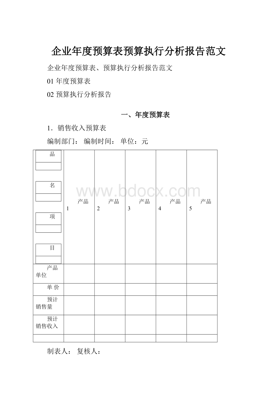 企业年度预算表预算执行分析报告范文.docx