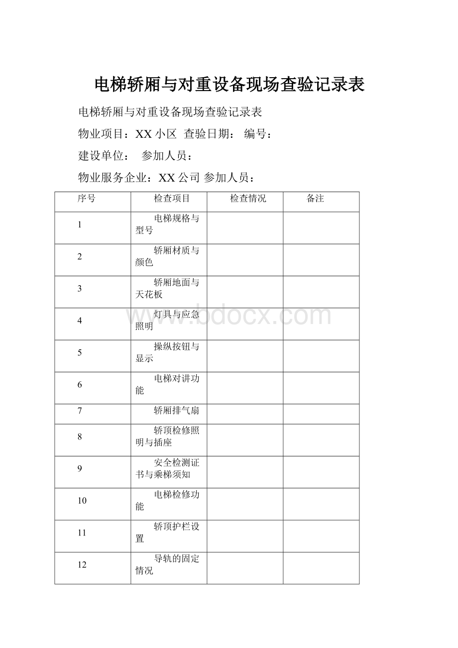 电梯轿厢与对重设备现场查验记录表.docx_第1页