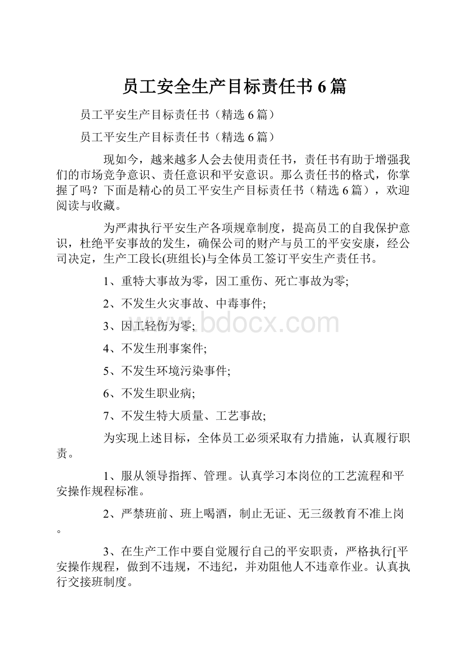 员工安全生产目标责任书6篇.docx_第1页