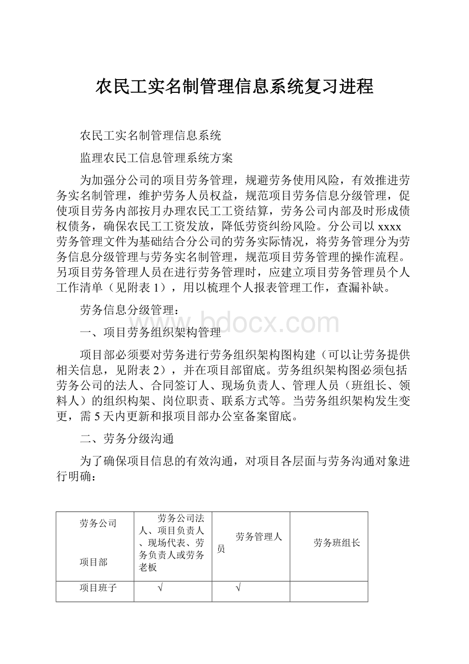 农民工实名制管理信息系统复习进程.docx