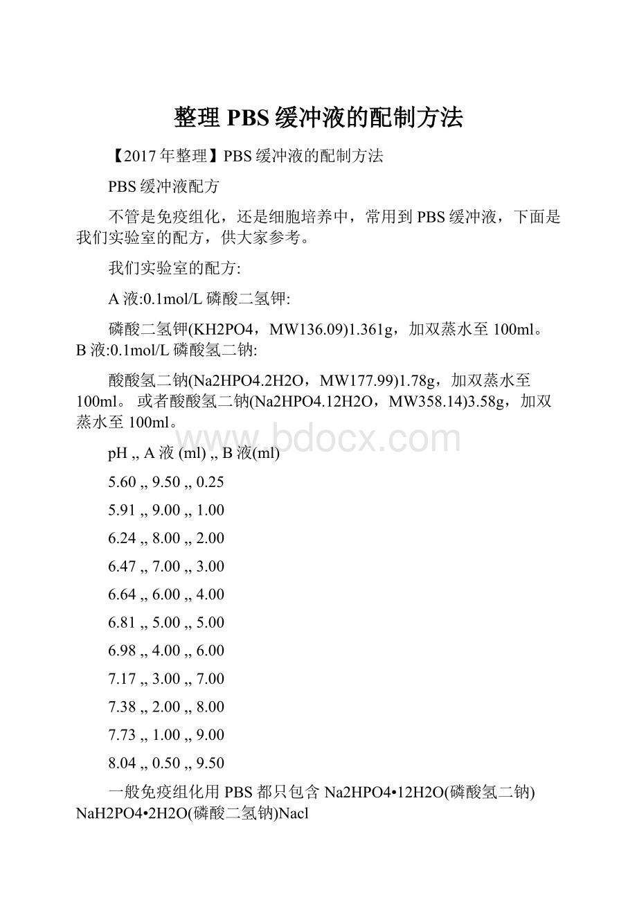 整理PBS缓冲液的配制方法.docx_第1页