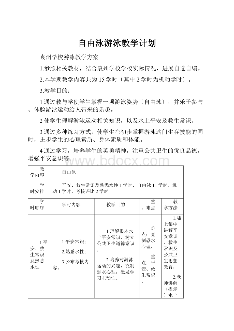 自由泳游泳教学计划.docx_第1页