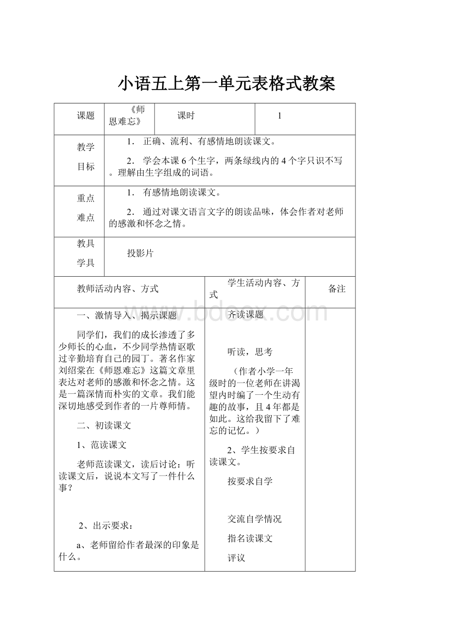 小语五上第一单元表格式教案.docx