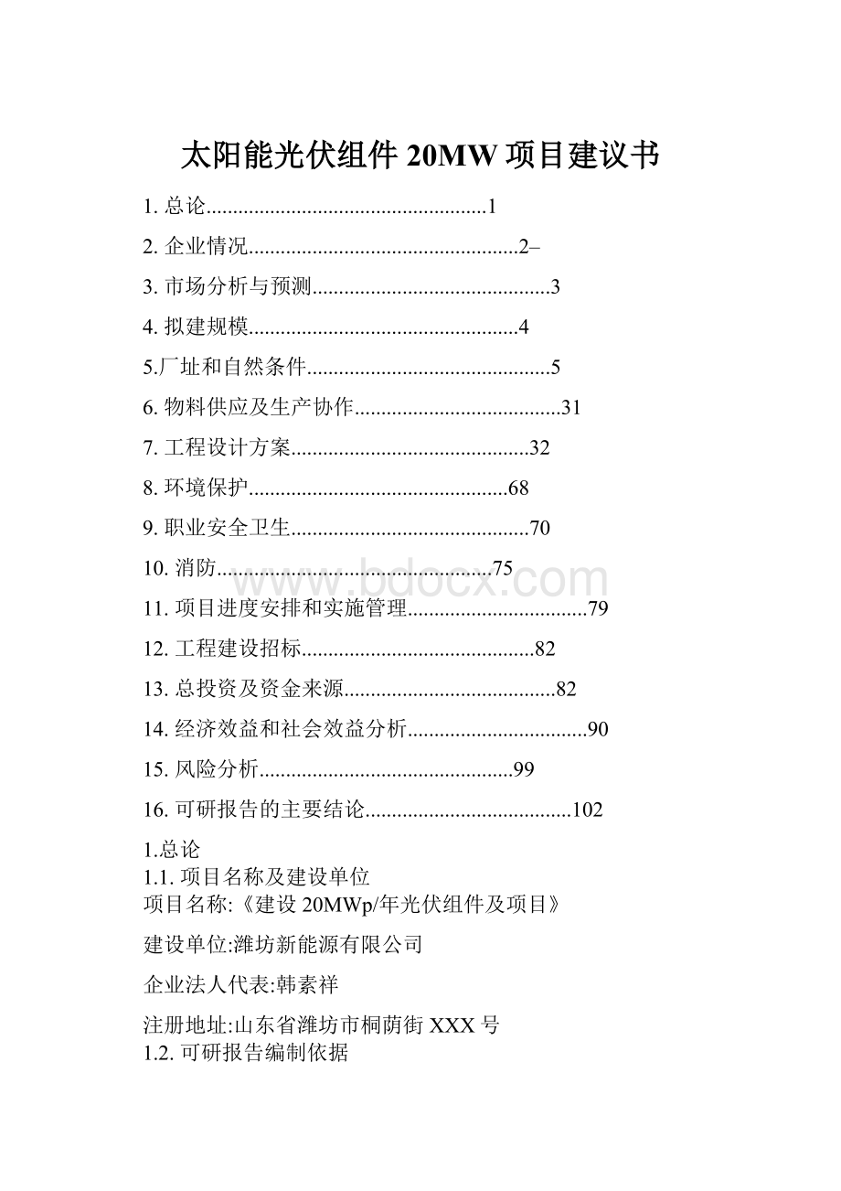 太阳能光伏组件20MW项目建议书.docx