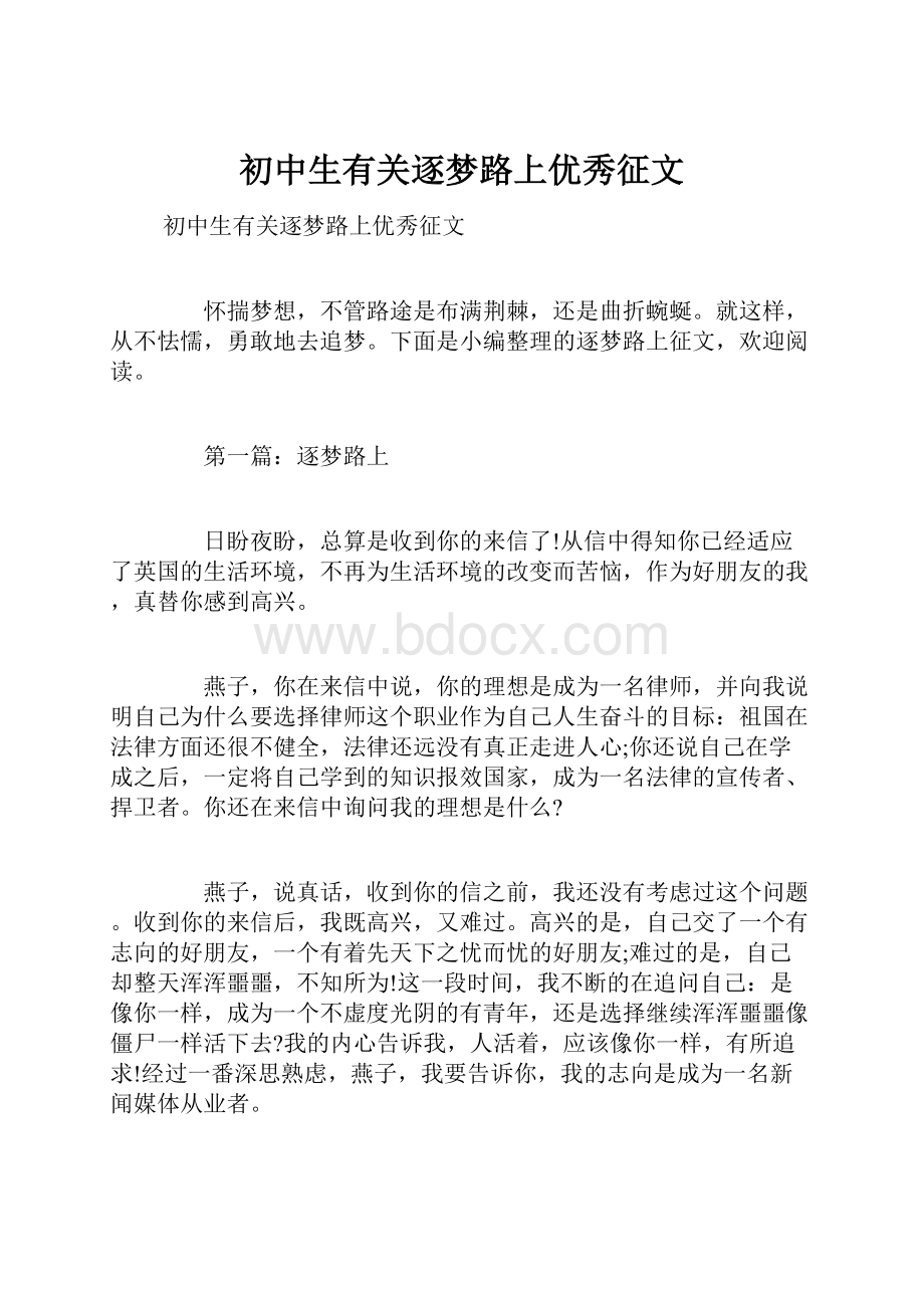 初中生有关逐梦路上优秀征文.docx_第1页