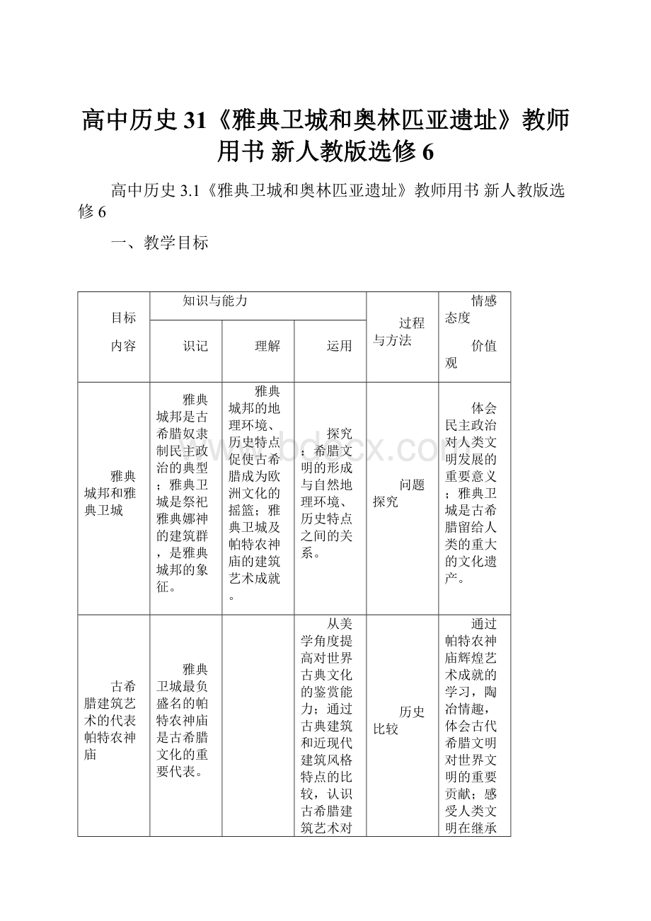 高中历史 31《雅典卫城和奥林匹亚遗址》教师用书 新人教版选修6.docx