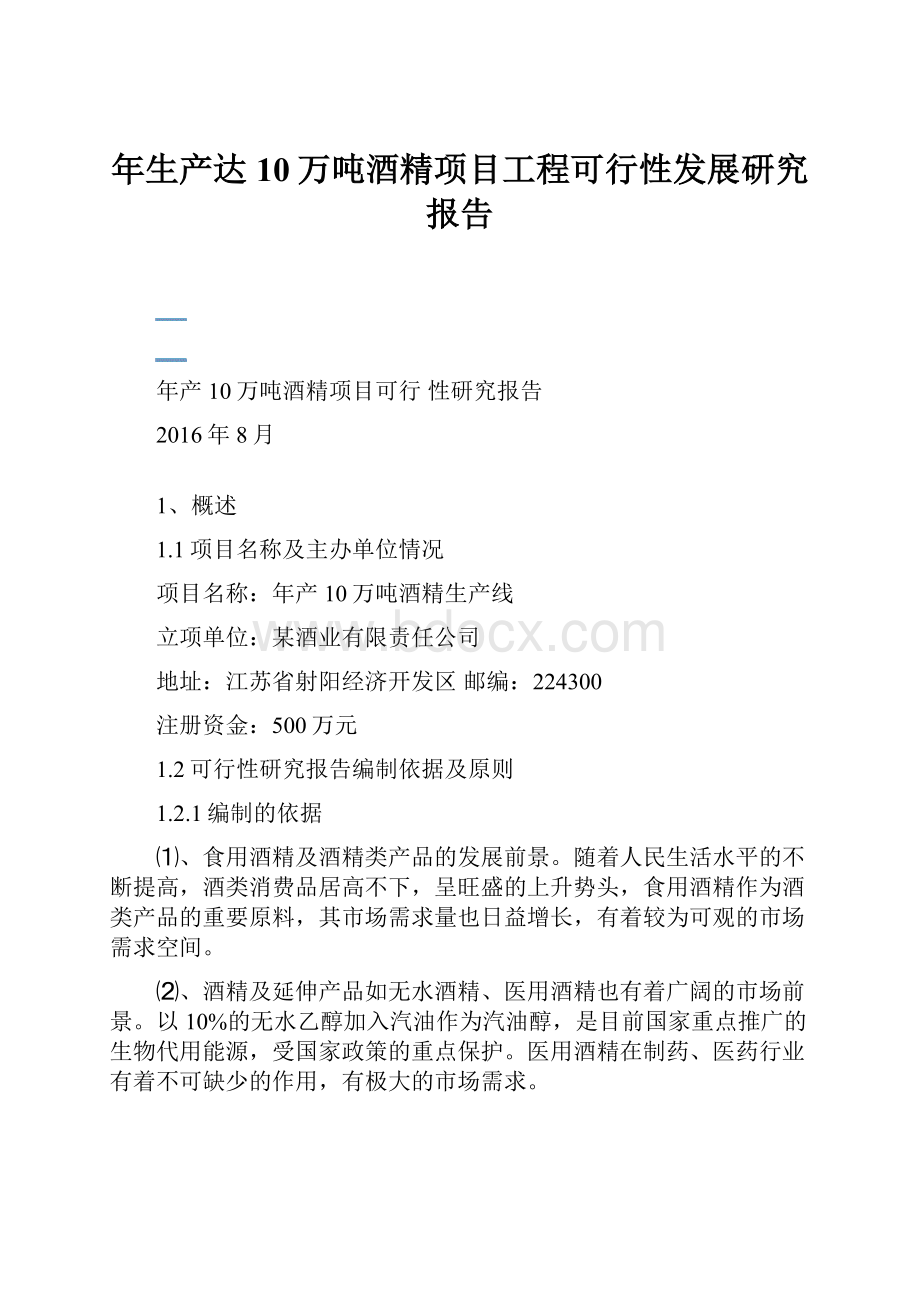 年生产达10万吨酒精项目工程可行性发展研究报告.docx