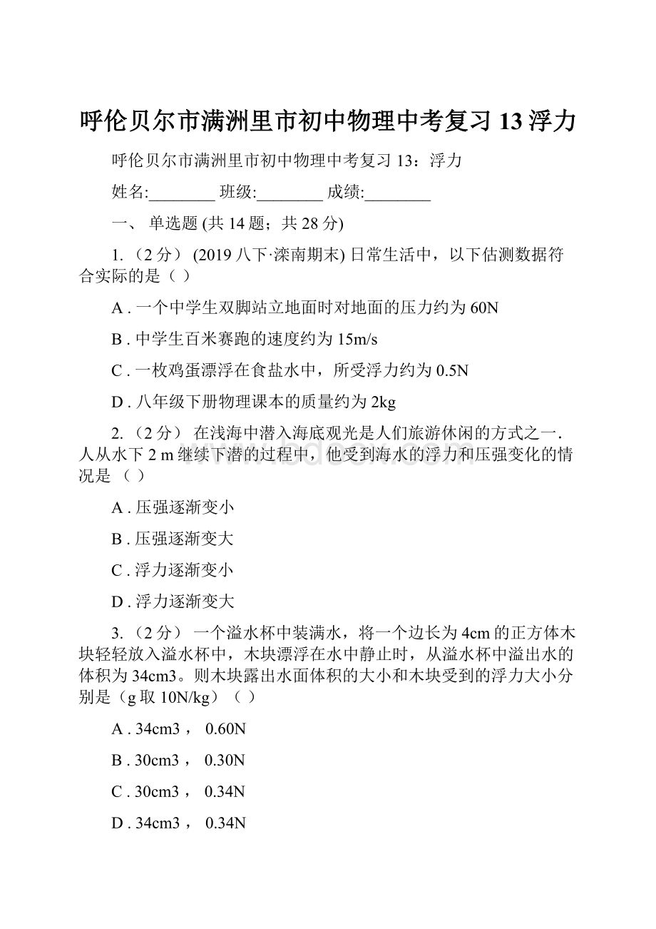 呼伦贝尔市满洲里市初中物理中考复习 13浮力.docx_第1页