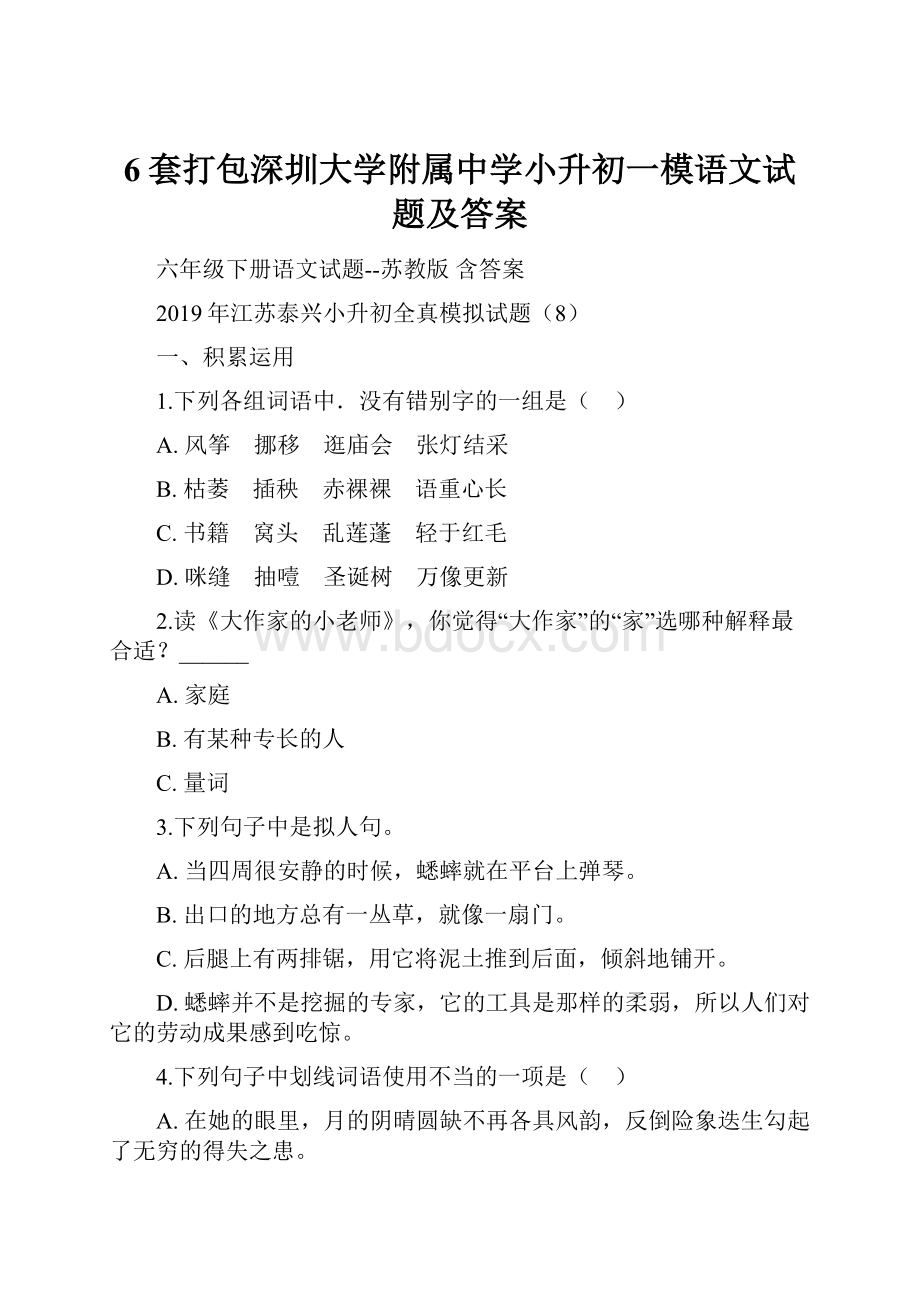 6套打包深圳大学附属中学小升初一模语文试题及答案.docx