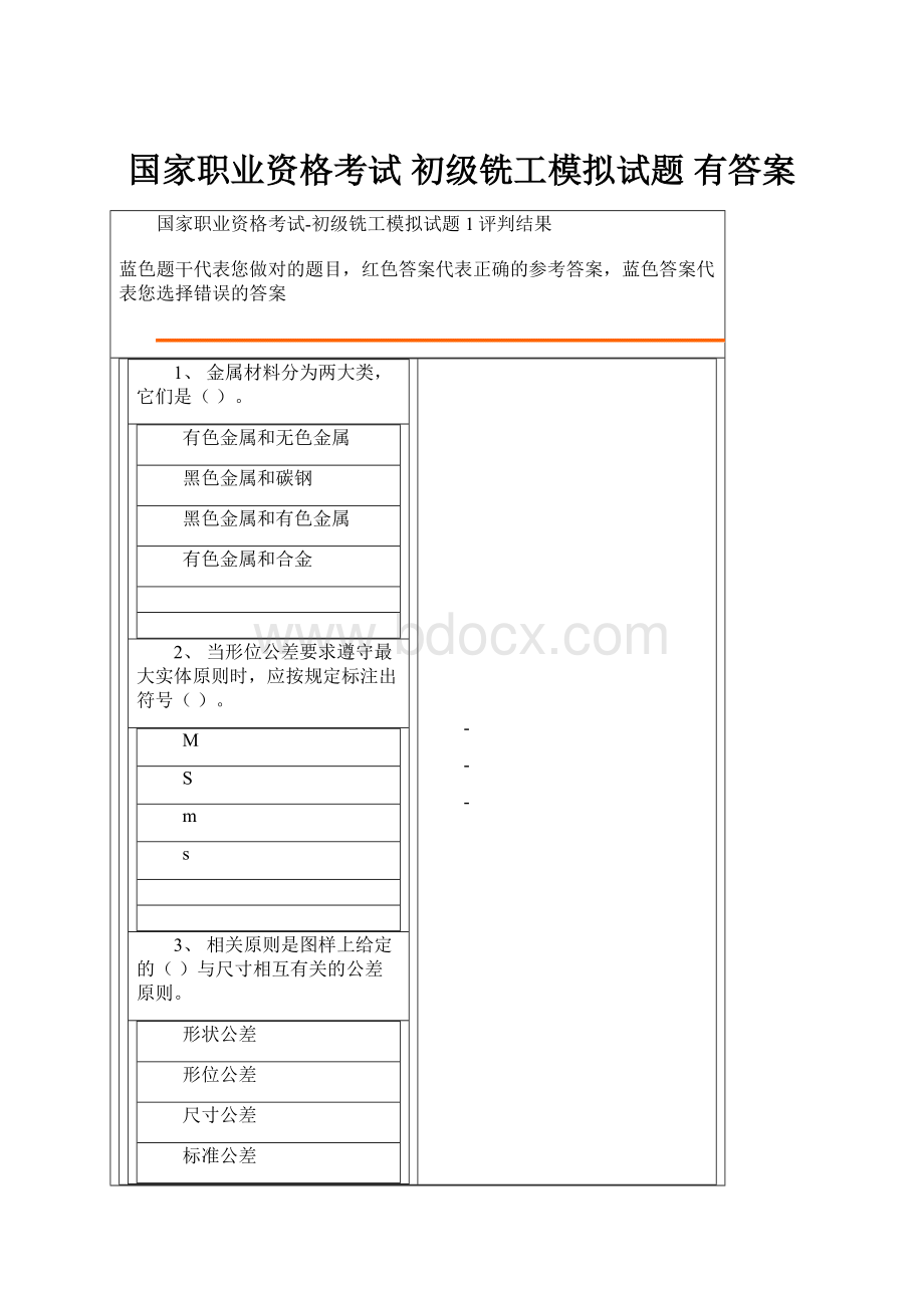 国家职业资格考试 初级铣工模拟试题 有答案.docx_第1页