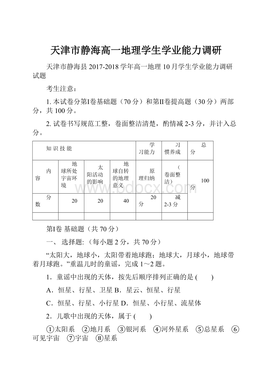 天津市静海高一地理学生学业能力调研.docx