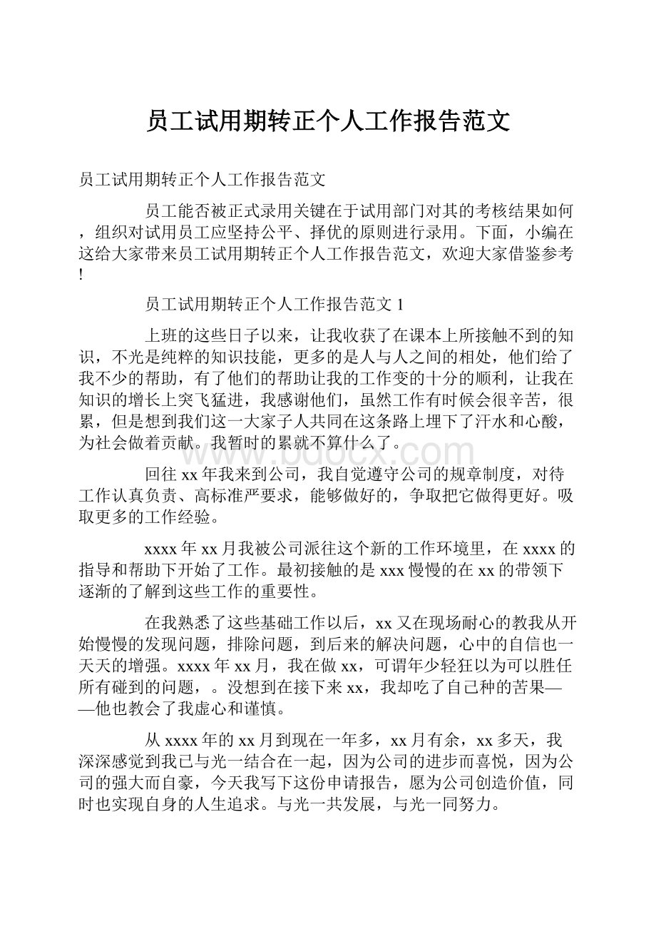 员工试用期转正个人工作报告范文.docx