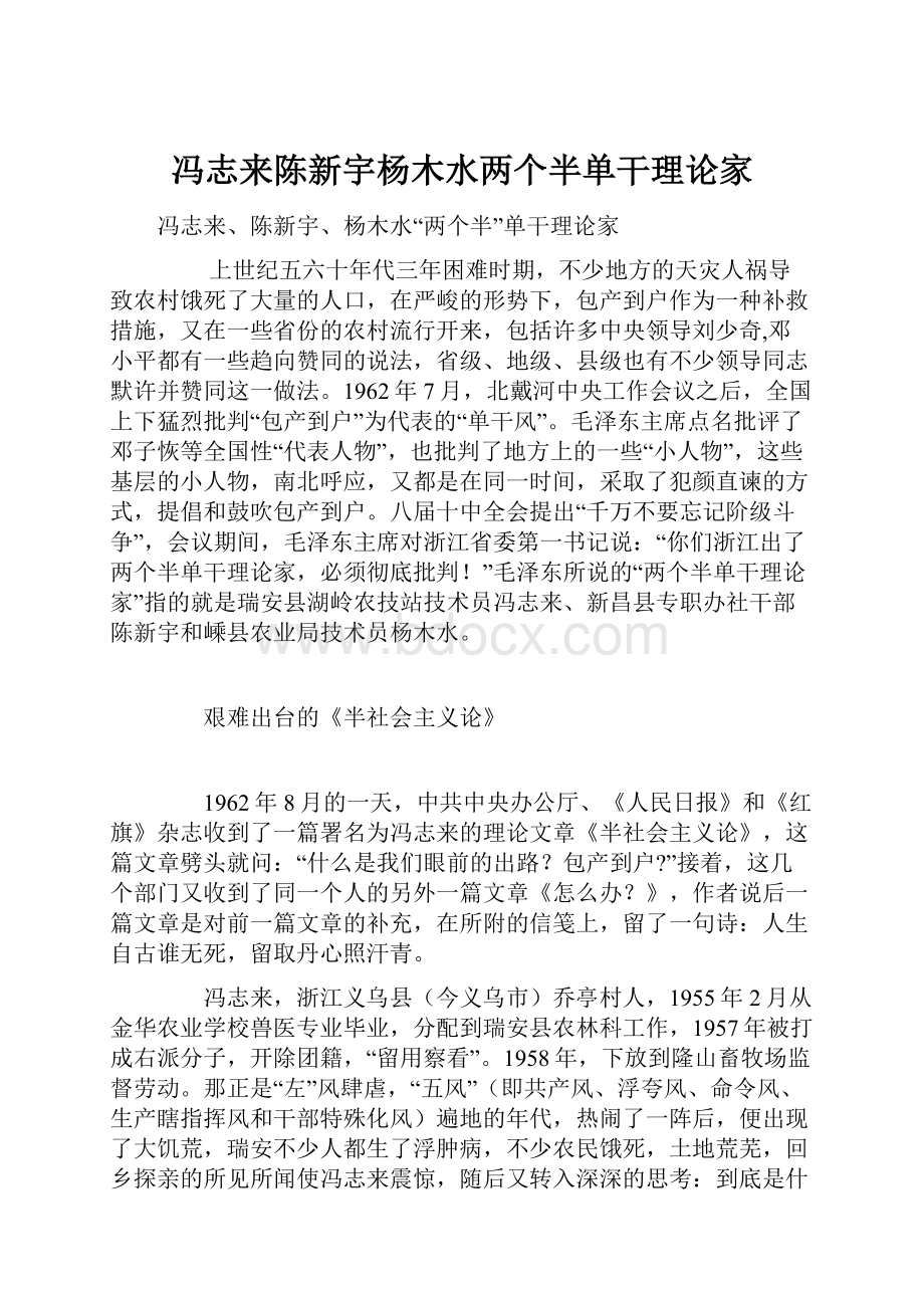 冯志来陈新宇杨木水两个半单干理论家.docx