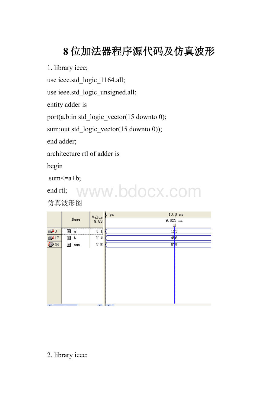 8位加法器程序源代码及仿真波形.docx