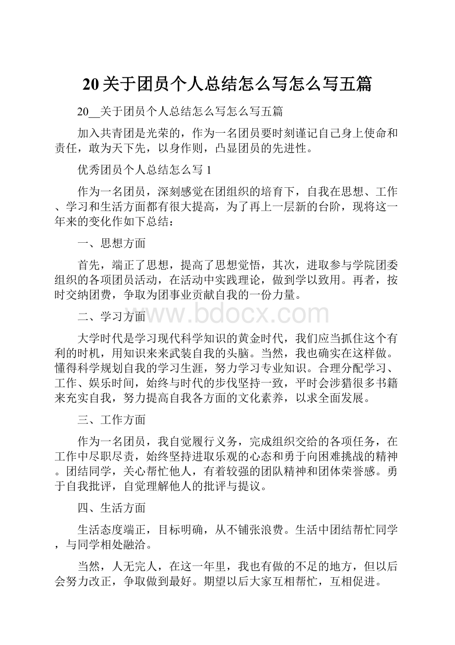 20关于团员个人总结怎么写怎么写五篇.docx