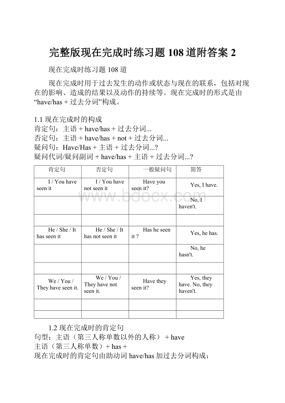 完整版现在完成时练习题108道附答案2.docx