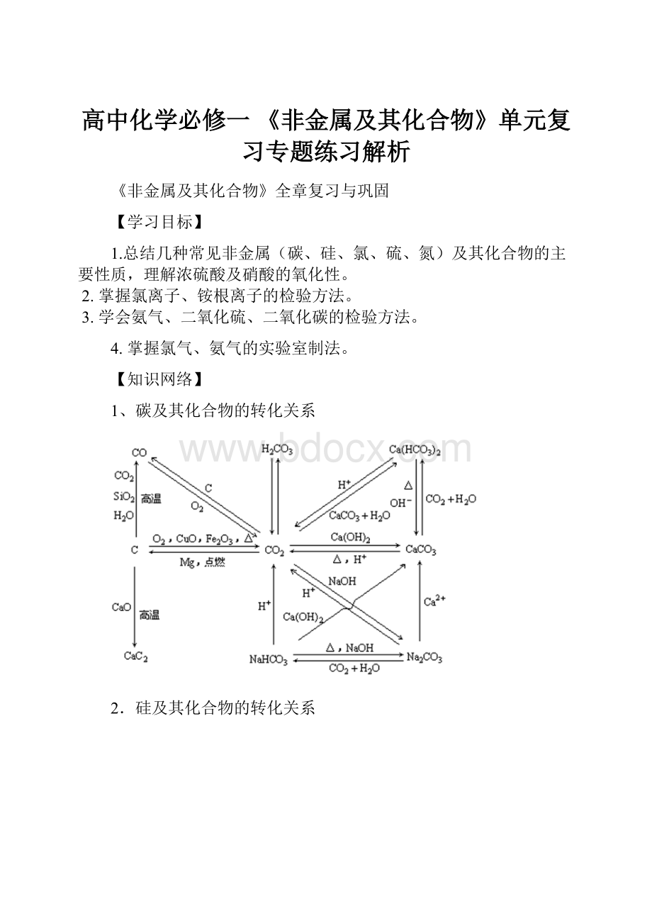 高中化学必修一 《非金属及其化合物》单元复习专题练习解析.docx