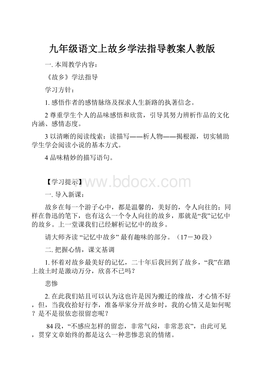 九年级语文上故乡学法指导教案人教版.docx