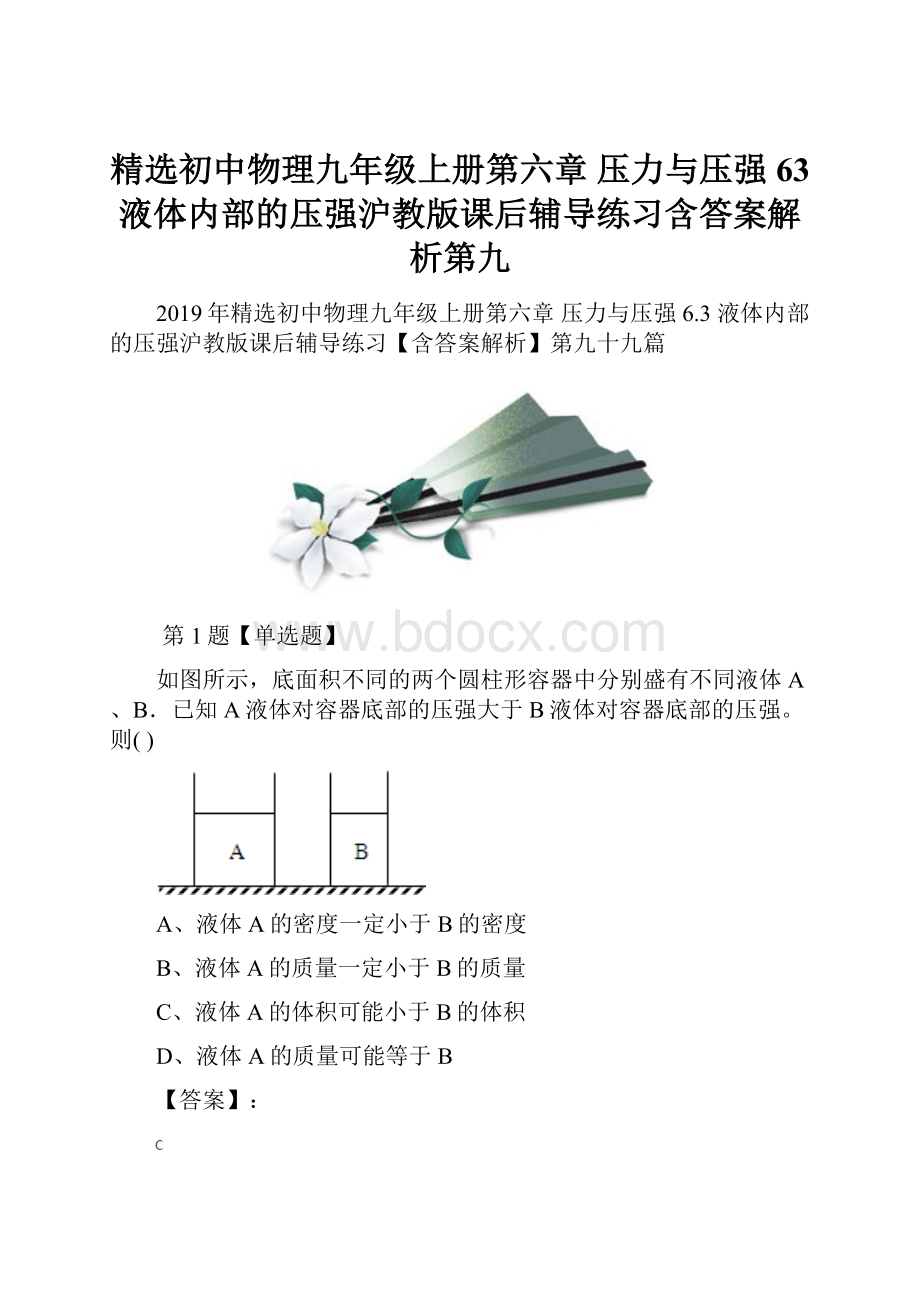 精选初中物理九年级上册第六章 压力与压强63 液体内部的压强沪教版课后辅导练习含答案解析第九.docx_第1页