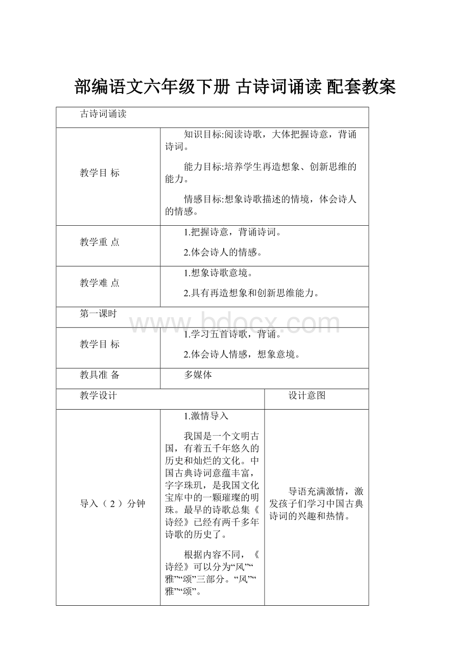 部编语文六年级下册 古诗词诵读配套教案.docx