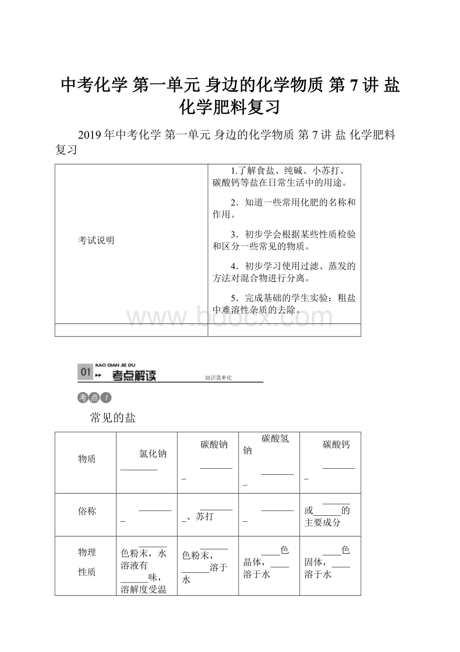 中考化学 第一单元 身边的化学物质 第7讲 盐 化学肥料复习.docx