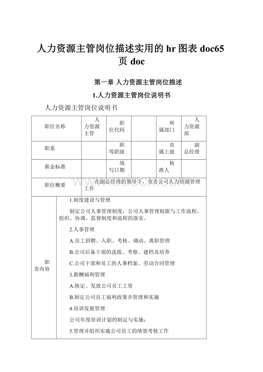 人力资源主管岗位描述实用的hr图表doc65页doc.docx_第1页