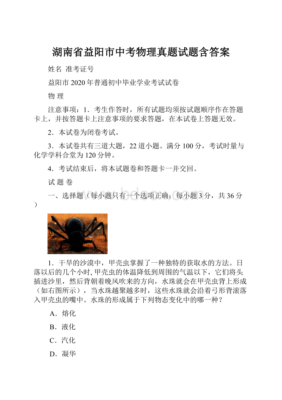 湖南省益阳市中考物理真题试题含答案.docx_第1页