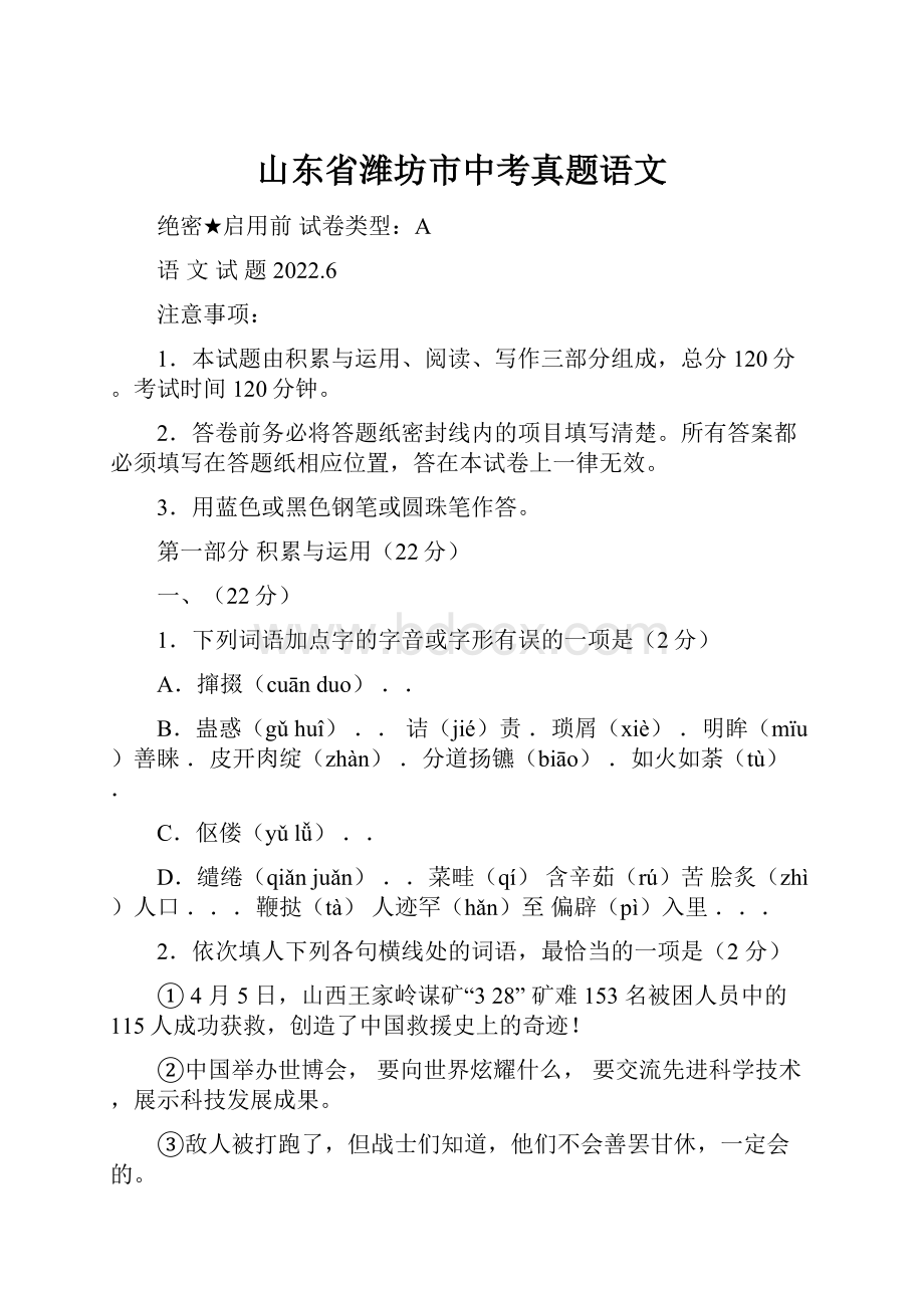 山东省潍坊市中考真题语文.docx