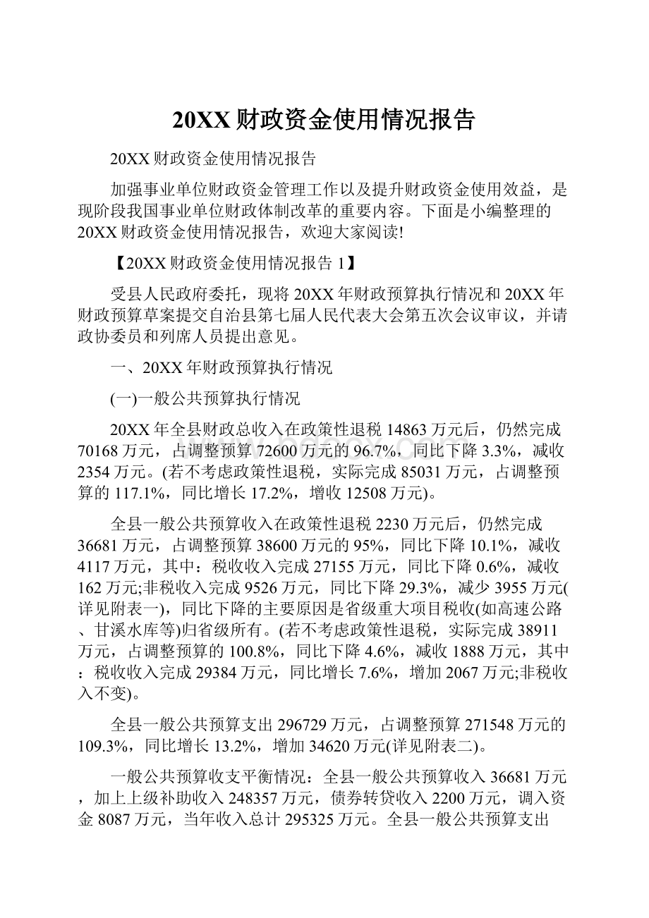 20XX财政资金使用情况报告.docx_第1页