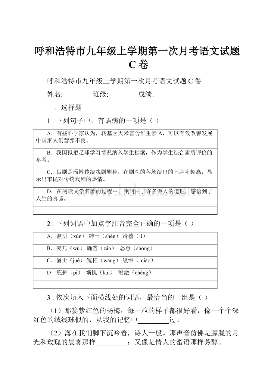 呼和浩特市九年级上学期第一次月考语文试题C卷.docx