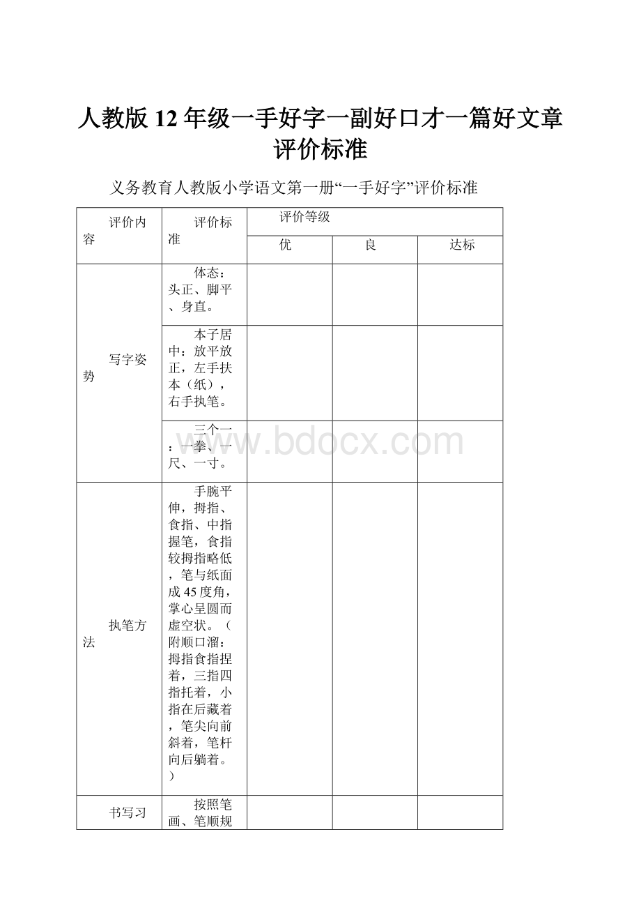 人教版12年级一手好字一副好口才一篇好文章评价标准.docx