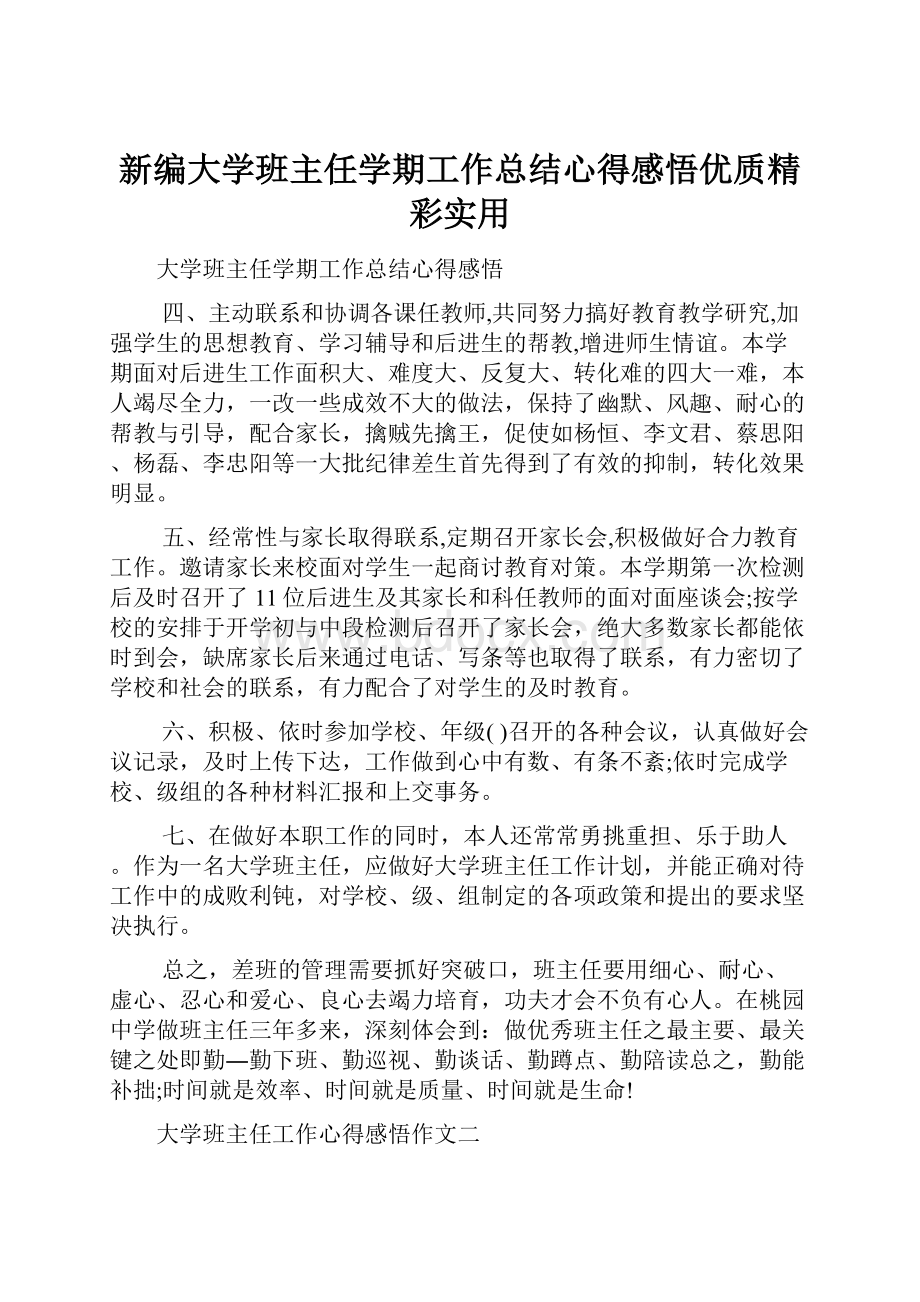 新编大学班主任学期工作总结心得感悟优质精彩实用.docx