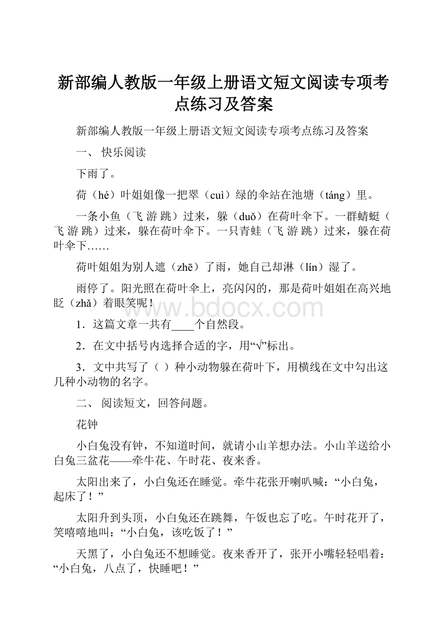 新部编人教版一年级上册语文短文阅读专项考点练习及答案.docx