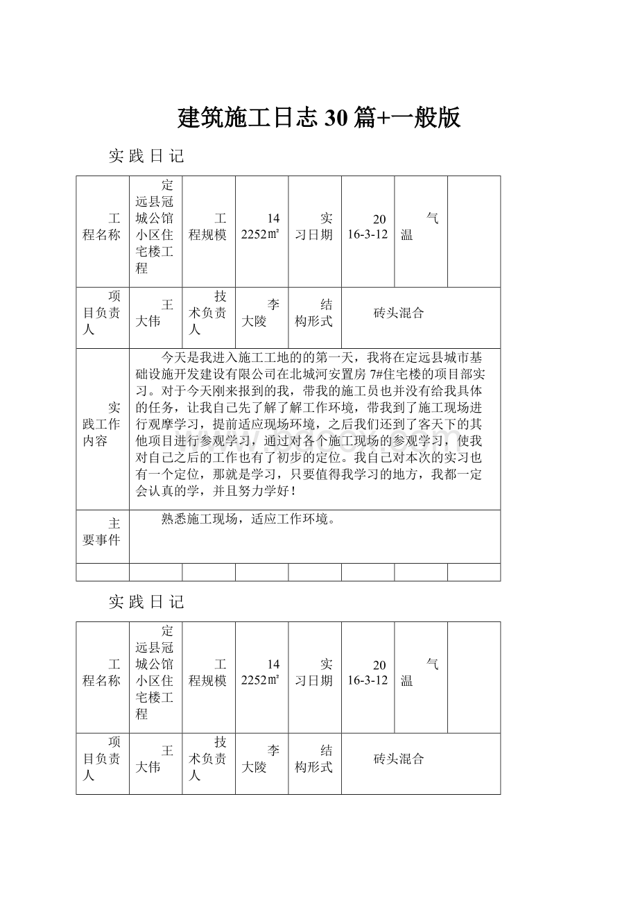 建筑施工日志30篇+一般版.docx