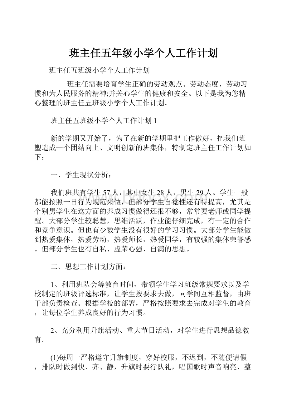 班主任五年级小学个人工作计划.docx