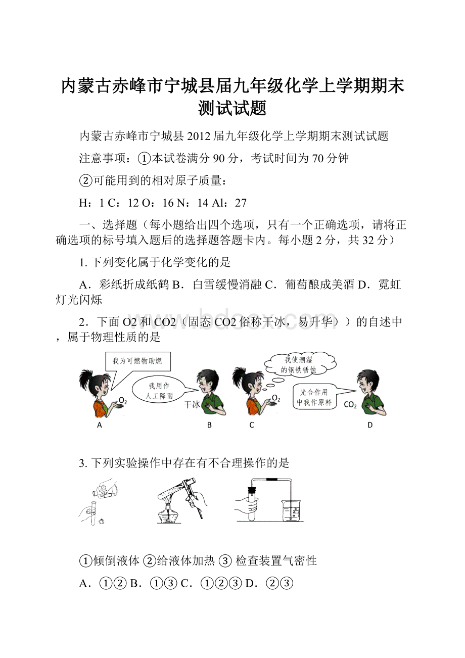 内蒙古赤峰市宁城县届九年级化学上学期期末测试试题.docx