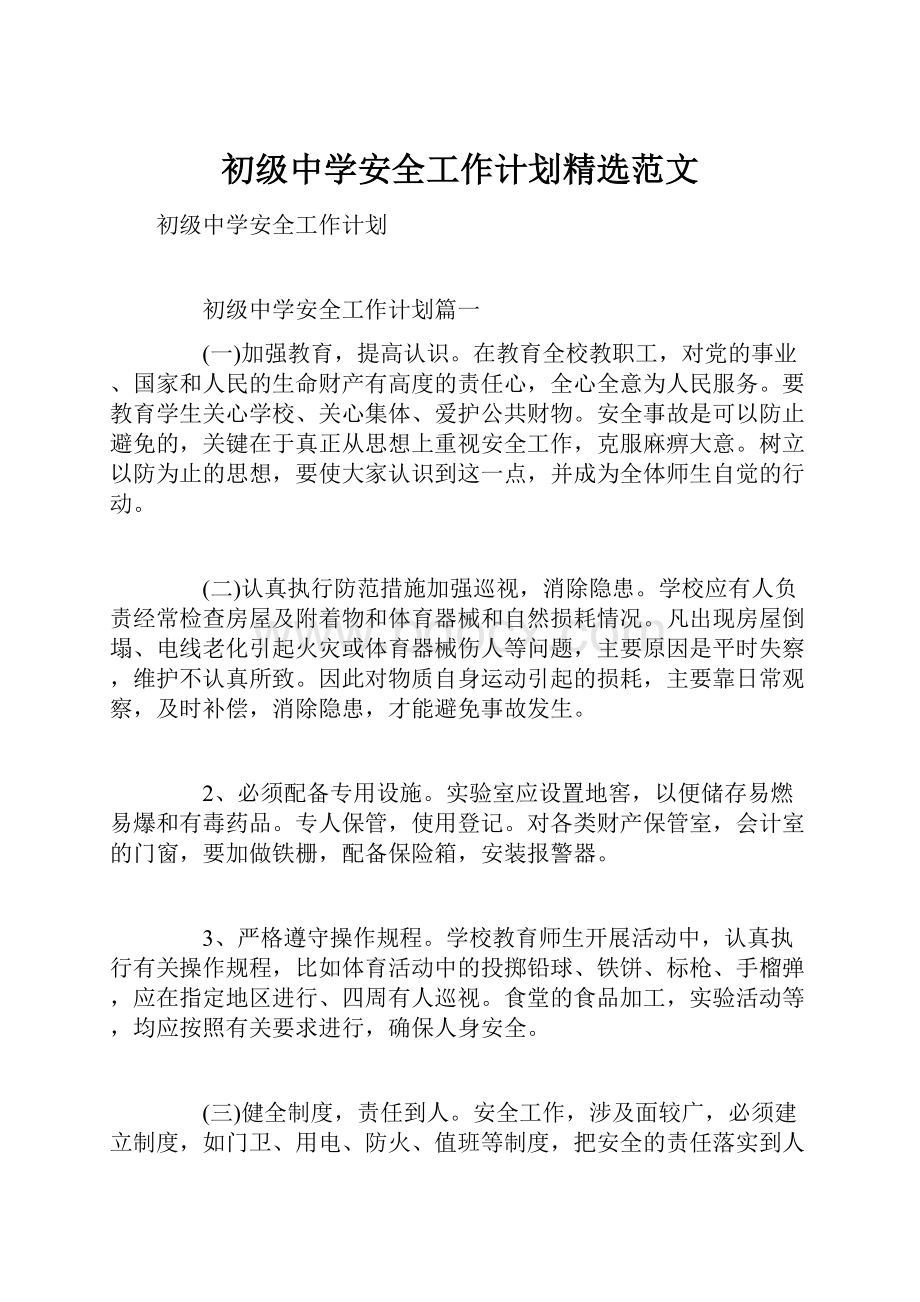 初级中学安全工作计划精选范文.docx