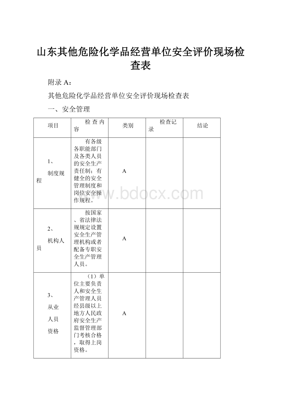 山东其他危险化学品经营单位安全评价现场检查表.docx