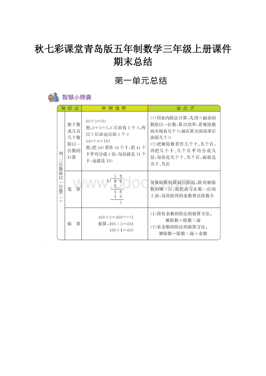 秋七彩课堂青岛版五年制数学三年级上册课件期末总结.docx