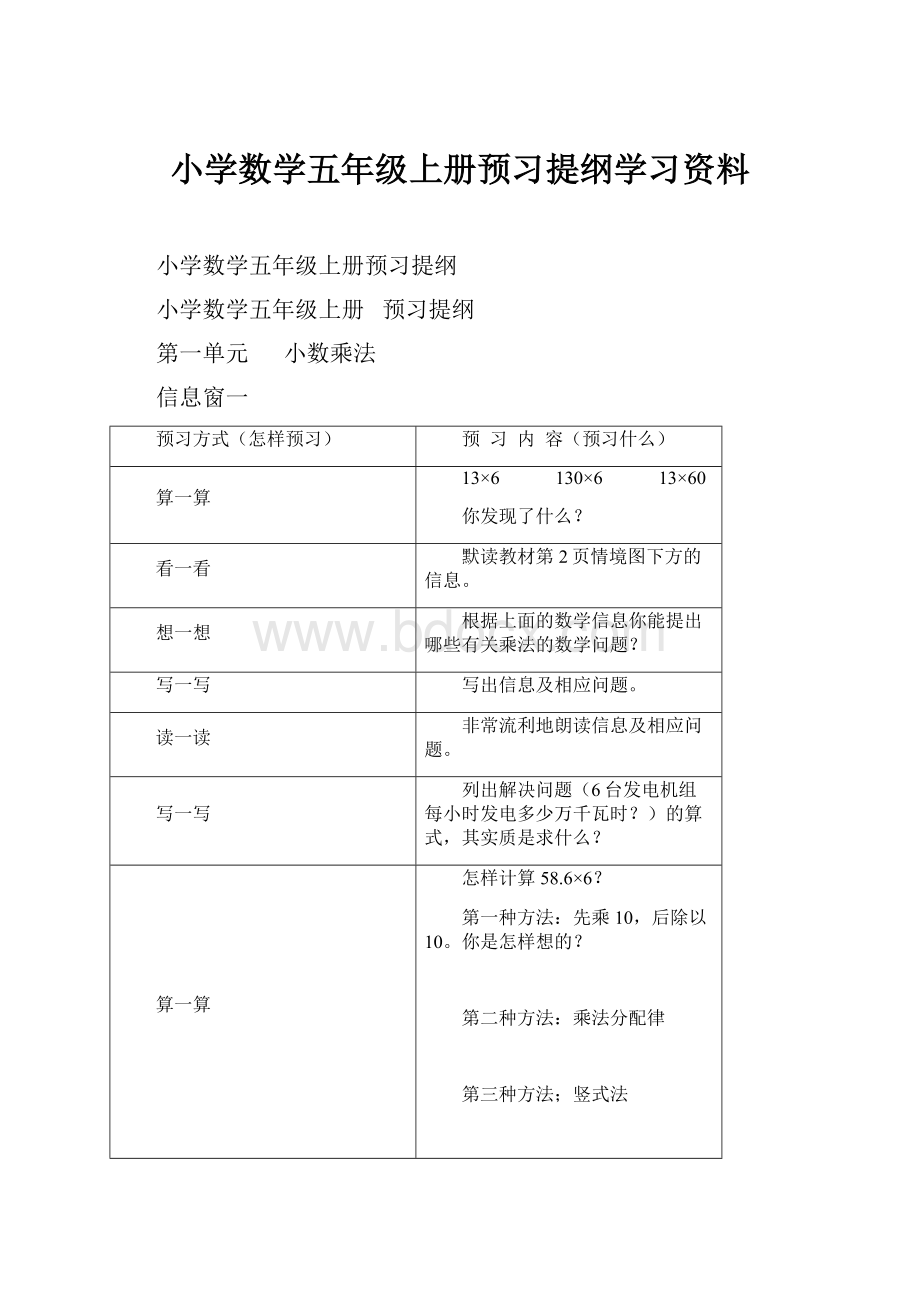 小学数学五年级上册预习提纲学习资料.docx