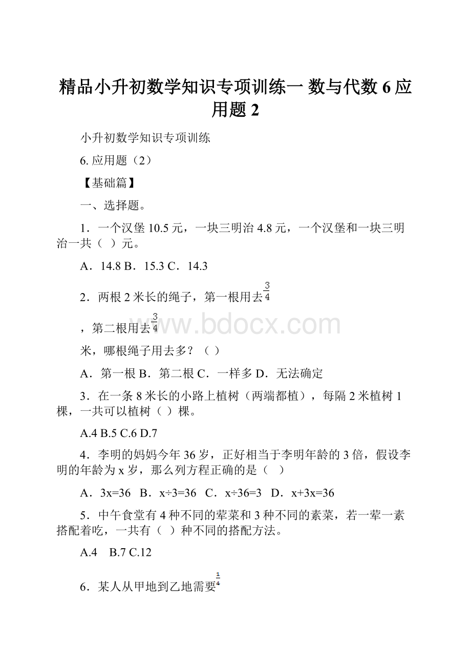 精品小升初数学知识专项训练一 数与代数6应用题2.docx