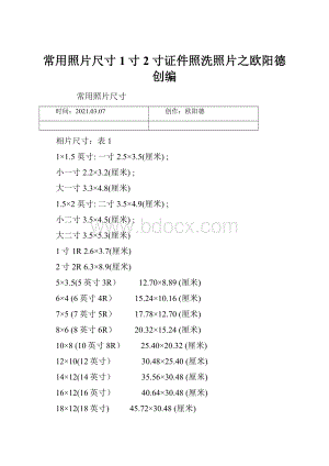 常用照片尺寸1寸2寸证件照洗照片之欧阳德创编.docx