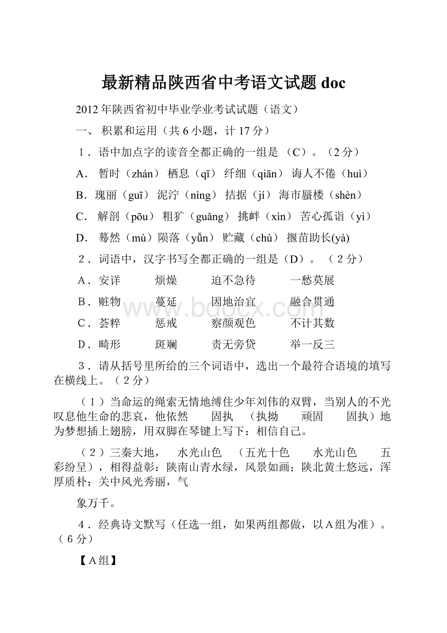 最新精品陕西省中考语文试题doc.docx