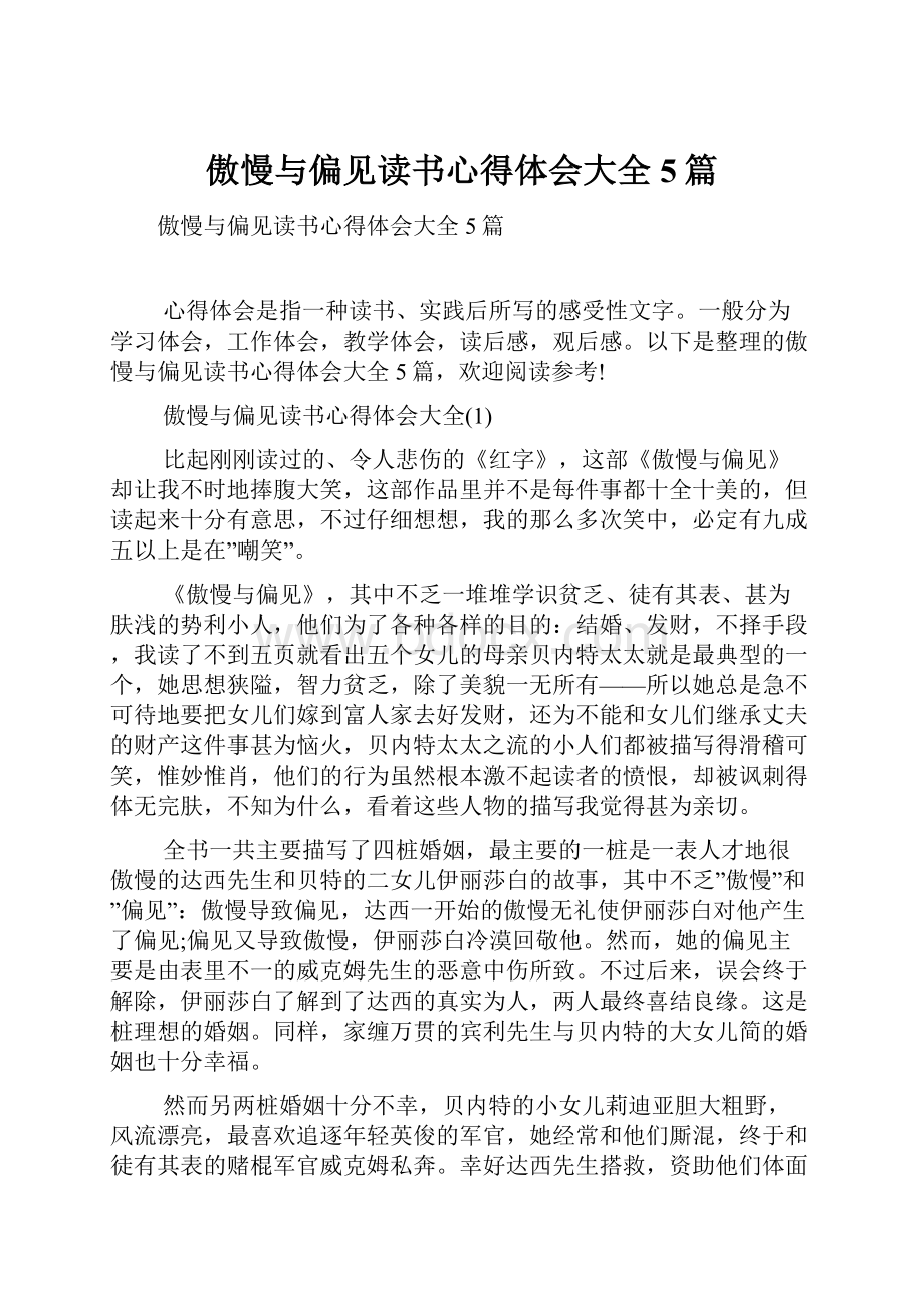 傲慢与偏见读书心得体会大全5篇.docx