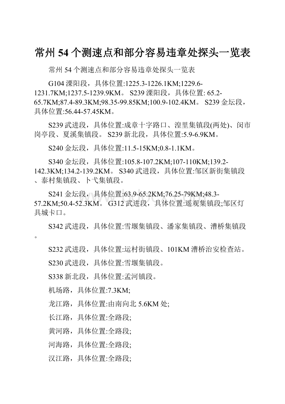 常州54个测速点和部分容易违章处探头一览表.docx